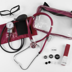 Kit Acadêmico com Bolsa Transparente bordo (Ap. Pressão Art. Adulto Nylon Fecho de Contato + Estetoscópio Rappaport – P.A. MED