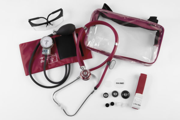 Kit Acadêmico com Bolsa Transparente bordo (Ap. Pressão Art. Adulto Nylon Fecho de Contato + Estetoscópio Rappaport – P.A. MED