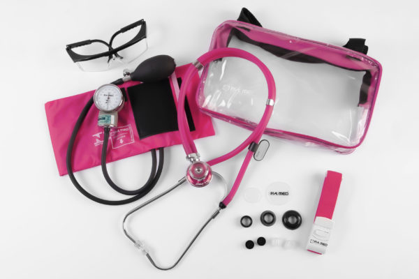 Kit Acadêmico com Bolsa Transparente rosa (Ap. Pressão Art. Adulto Nylon Fecho de Contato + Estetoscópio Rappaport – P.A. MED