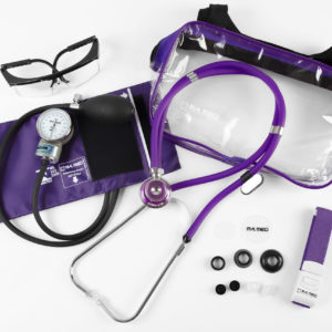 Kit Acadêmico com Bolsa Transparente roxo (Ap. Pressão Art. Adulto Nylon Fecho de Contato + Estetoscópio Rappaport – P.A. MED