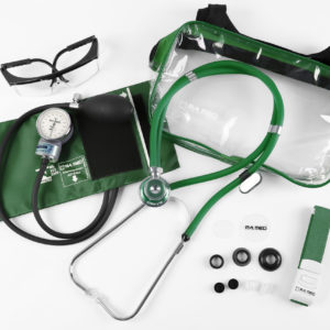 Kit Acadêmico com Bolsa Transparente verde (Ap. Pressão Art. Adulto Nylon Fecho de Contato + Estetoscópio Rappaport – P.A. MED