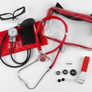 Kit Acadêmico com Bolsa Transparente vermelho (Ap. Pressão Art. Adulto Nylon Fecho de Contato + Estetoscópio Rappaport – P.A. MED