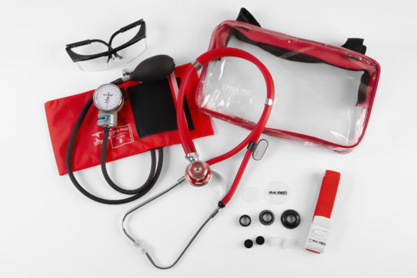 Kit Acadêmico com Bolsa Transparente vermelho (Ap. Pressão Art. Adulto Nylon Fecho de Contato + Estetoscópio Rappaport – P.A. MED